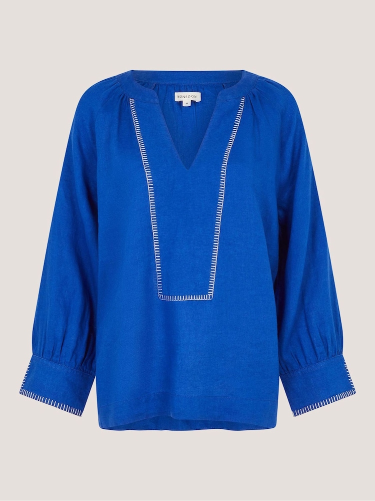 Monsoon Blue Frida V-Neck Linen Blouse - Image 6 of 6