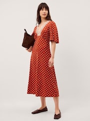 Monsoon Orange Peri Polka Dot Jersey Midi Dress - Image 1 of 5