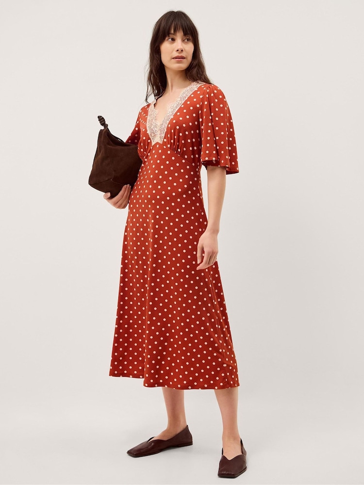 Monsoon Orange Peri Polka Dot Jersey Midi Dress - Image 1 of 5