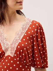 Monsoon Orange Peri Polka Dot Jersey Midi Dress - Image 2 of 5