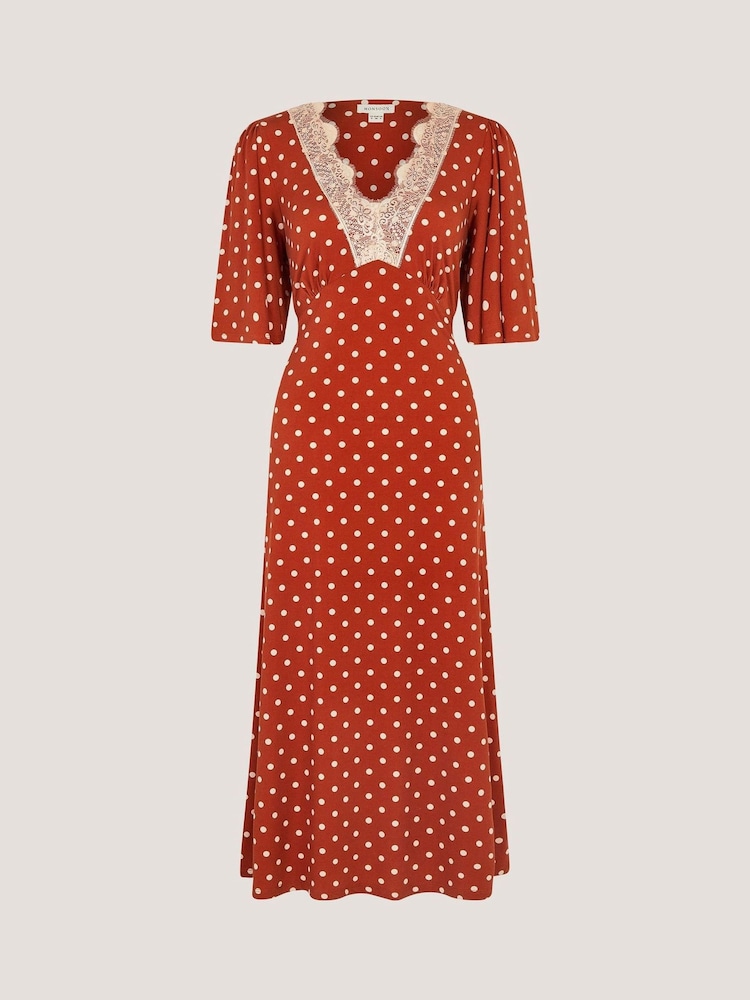 Monsoon Orange Peri Polka Dot Jersey Midi Dress - Image 5 of 5