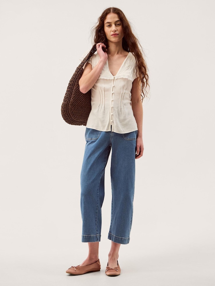 Monsoon Cream Frannie Square Collar Linen Blend Top - Image 1 of 5