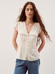 Monsoon Cream Frannie Square Collar Linen Blend Top - Image 2 of 5