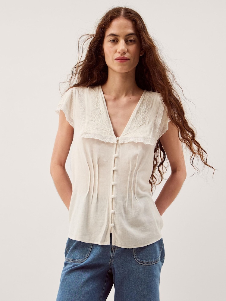 Monsoon Cream Frannie Square Collar Linen Blend Top - Image 2 of 5