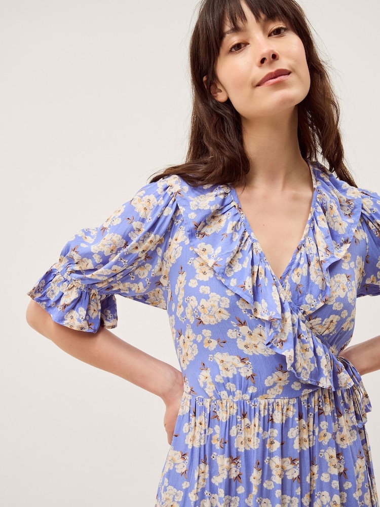 Monsoon Blue Sian Floral Print Ruffle Midi Dress - Image 2 of 5