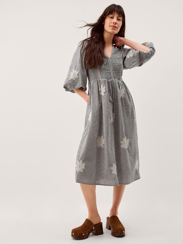 Monsoon Black Mimi Puff Sleeve Gingham Midi Dress - Image 1 of 5 Monsoon Black Mimi Puff Sleeve Gingham Midi Dress - Image 1 of 5