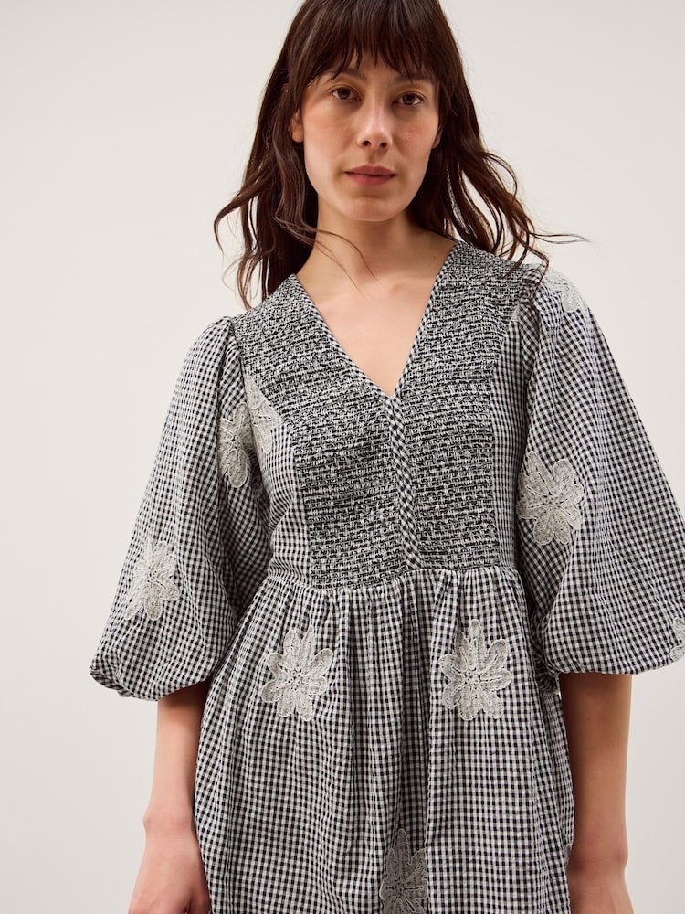 Monsoon Black Mimi Puff Sleeve Gingham Midi Dress - Image 2 of 5 Monsoon Black Mimi Puff Sleeve Gingham Midi Dress - Image 2 of 5