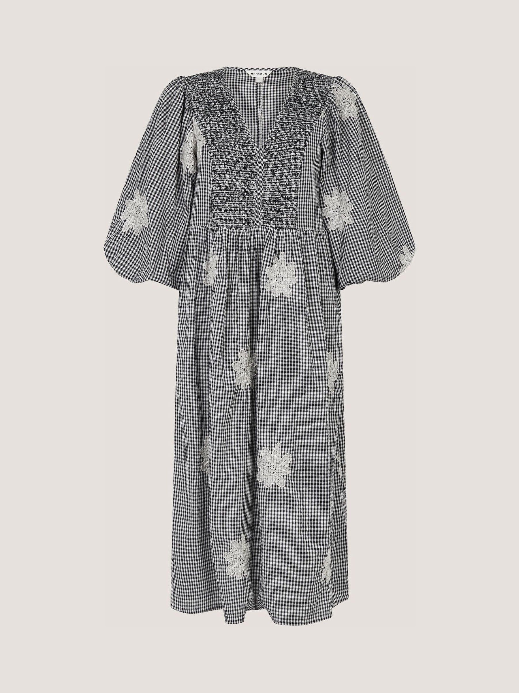 Buy Monsoon Black Mimi V-Neck Puff Sleeve Gingham Cotton Midi