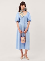 Monsoon Blue Lottie Puff Sleeve Linen Midi Dress - Image 1 of 5