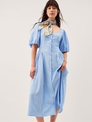 Monsoon Blue Lottie Puff Sleeve Linen Midi Dress - Image 2 of 5