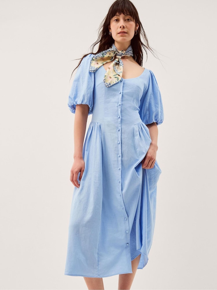 Monsoon Blue Lottie Puff Sleeve Linen Midi Dress - Image 2 of 5