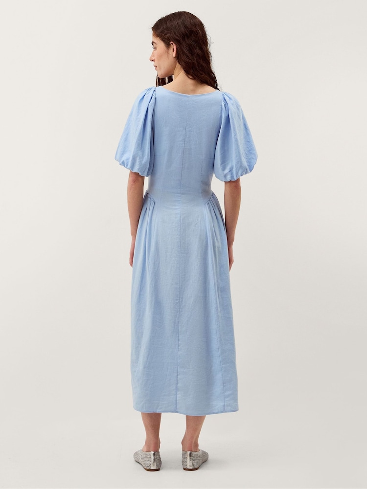 linen blend puff sleeve midi dress Express Women's Linen-Blend Embroidered Floral Puff Sleeve Tiered Midi Dress in Neutral Medium