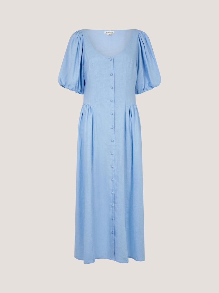 Monsoon Blue Lottie Puff Sleeve Linen Midi Dress - Image 5 of 5