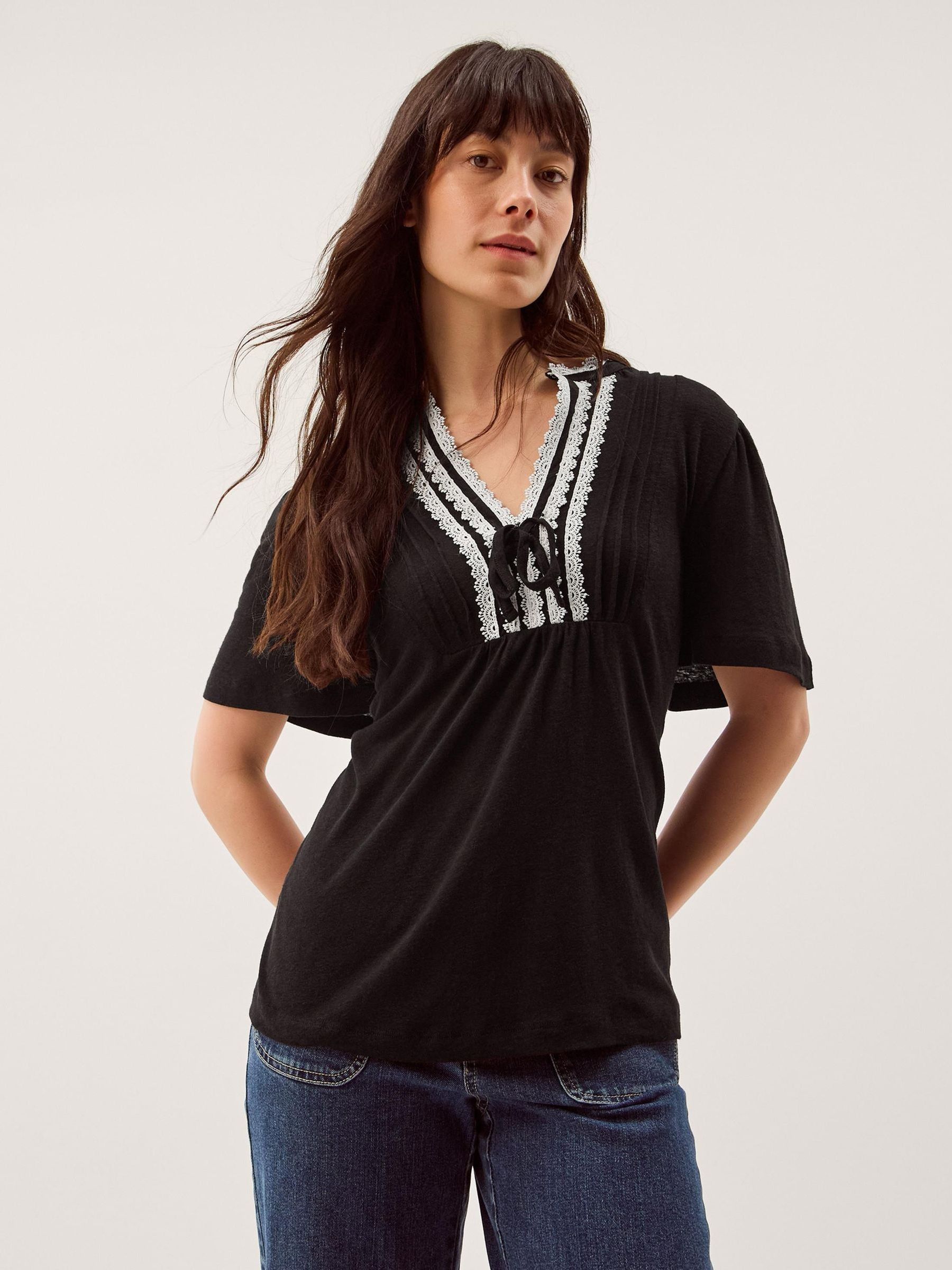 Buy Monsoon Black Lucia Lace Linen Blend T-Shirt from Next USA