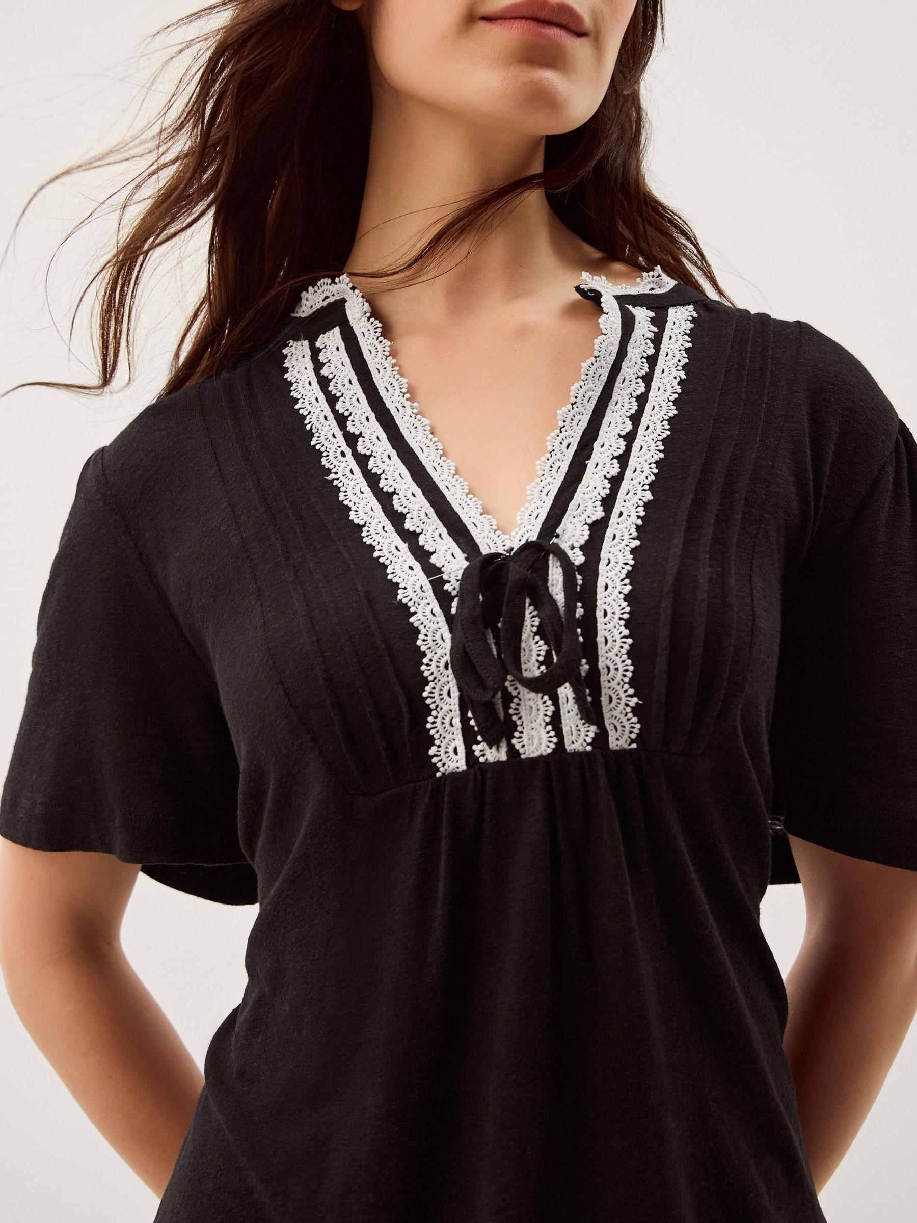 Buy Monsoon Black Lucia Lace Linen Blend T-Shirt from Next USA