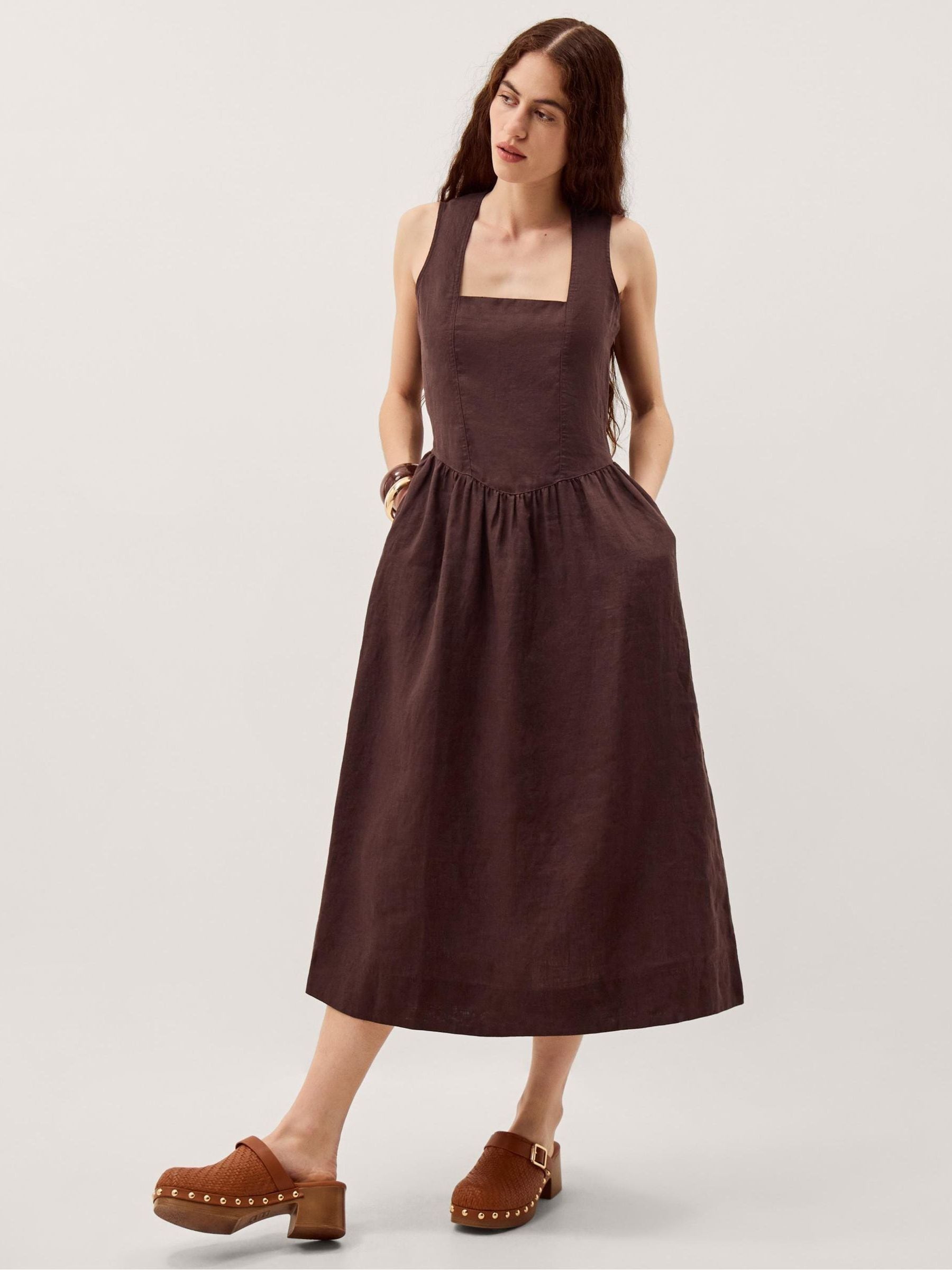 Buy Monsoon Brown Lily Square Neck Sleeveless Linen Midi Dress