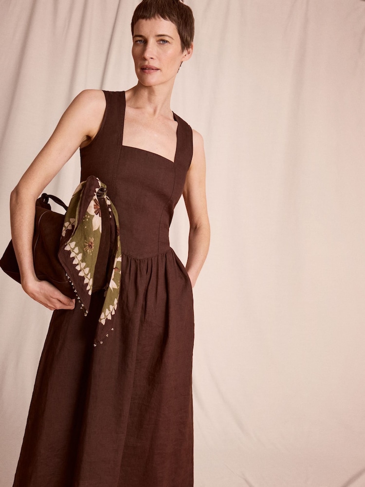 Monsoon Brown Lily Square Neck Linen Midi Dress - Image 1 of 6