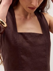 Monsoon Brown Lily Square Neck Linen Midi Dress - Image 3 of 6