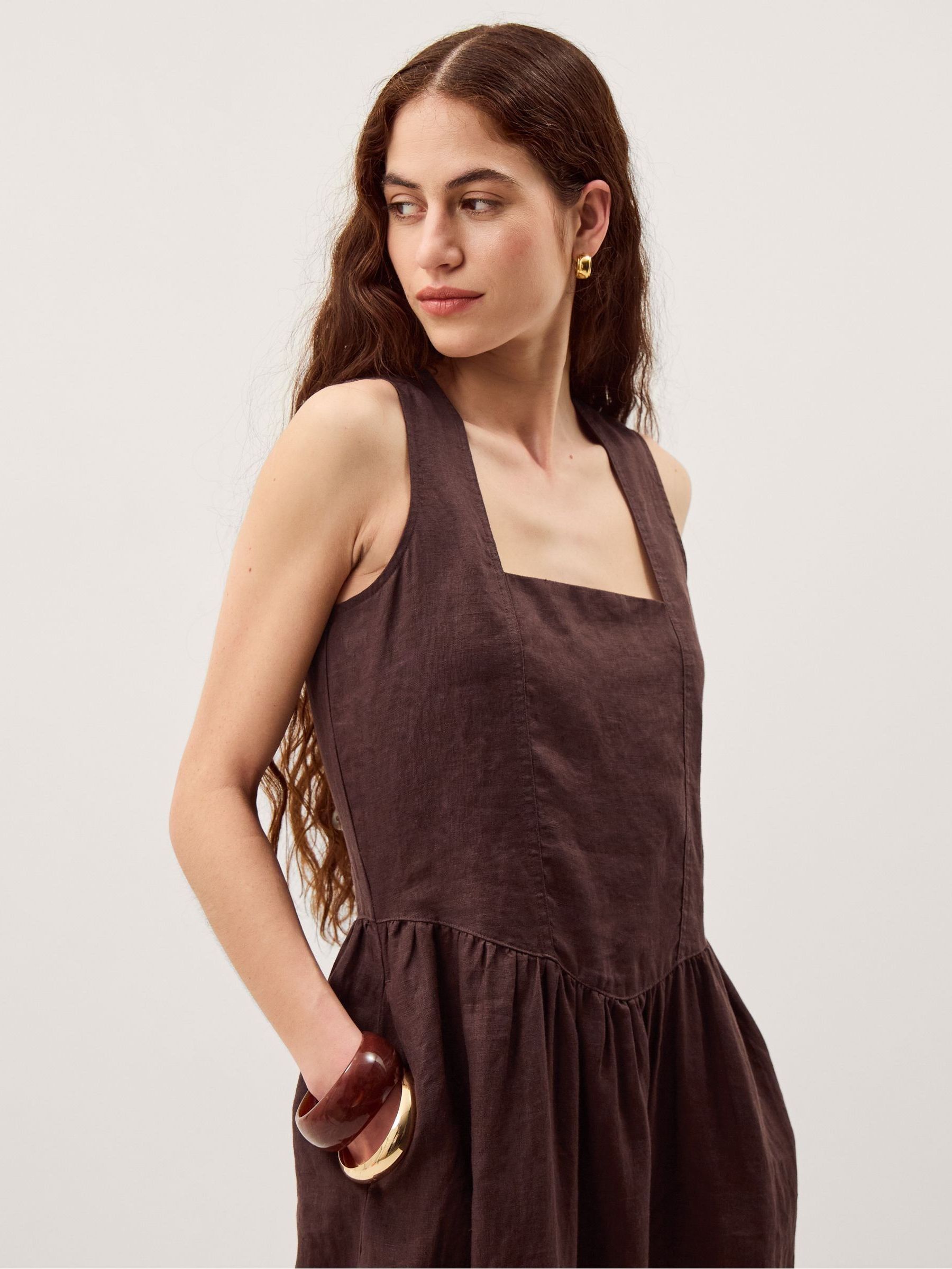Buy Monsoon Brown Lily Square Neck Sleeveless Linen Midi Dress