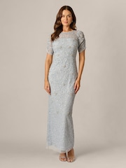 Adrianna Papell Blue Elbow Sleeve Bead Dress - Image 1 of 6