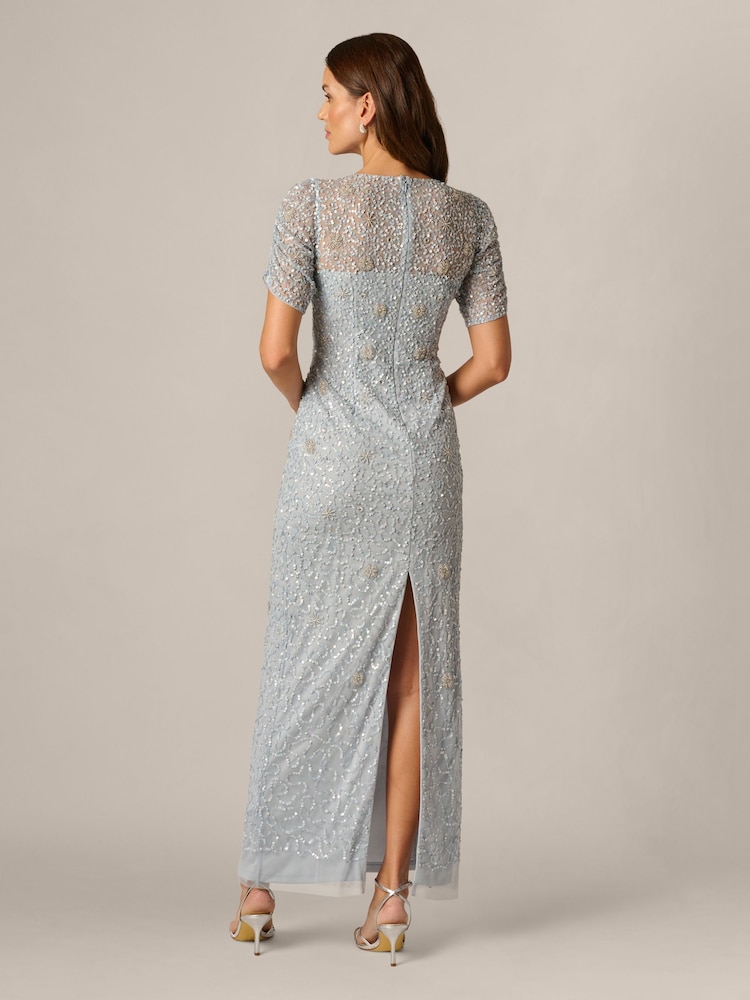 Adrianna Papell Blue Elbow Sleeve Bead Dress - Image 2 of 6 Adrianna Papell Blue Elbow Sleeve Bead Dress - Image 2 of 6