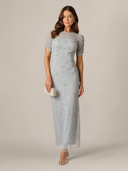 Adrianna Papell Blue Elbow Sleeve Bead Dress - Image 3 of 6