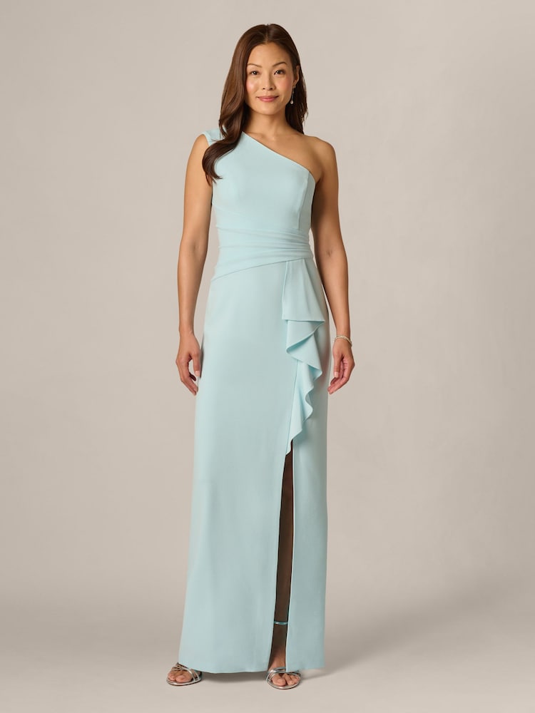 Adrianna Papell Blue Side Ruffle Crepe Column Gown - Image 1 of 6