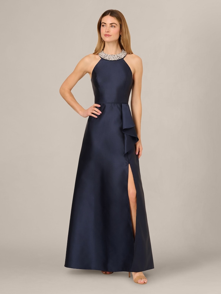 adrianna papell navy evening dress Navy Off Shoulder Bell Sleeve Rosette Gown