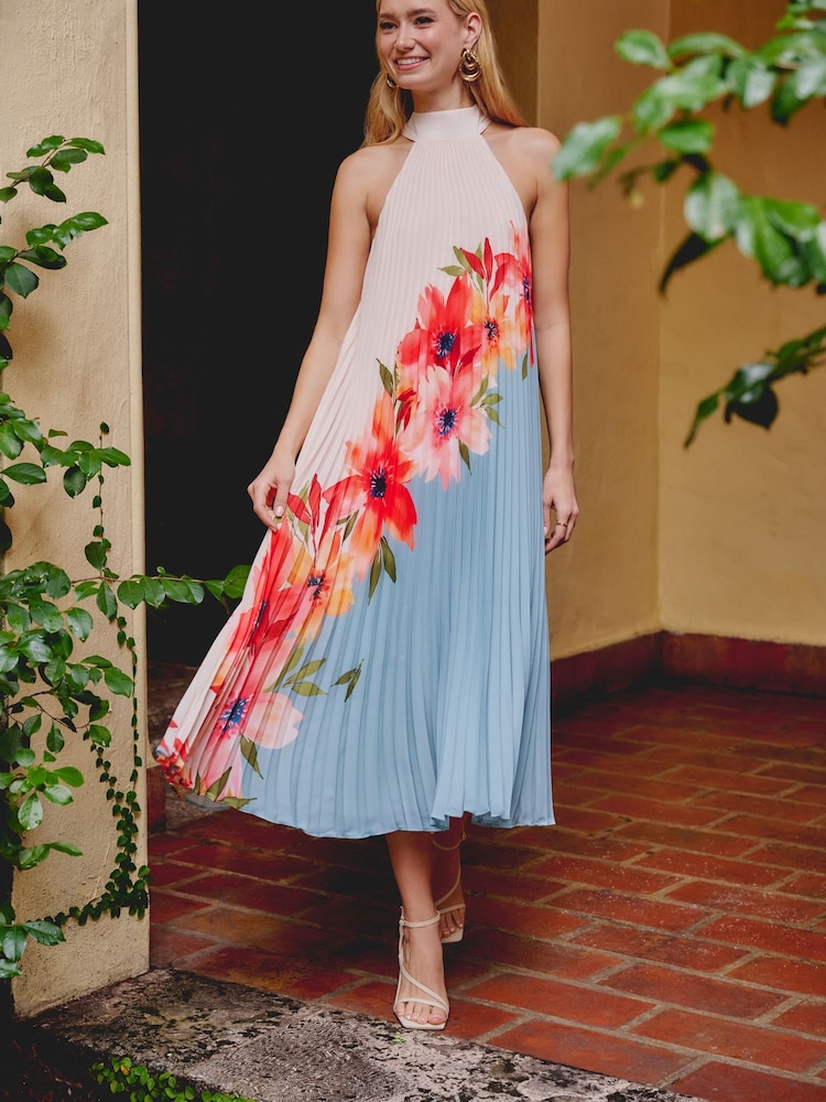 Adrianna Papell Blue Floral Pleated Chiffon Dress - Image 1 of 6