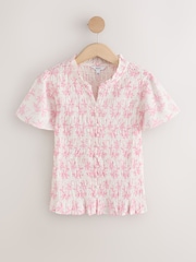 Pink/White Floral Print Flutter Sleeve Button Front Smocked Top - Image 1 of 3