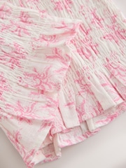 Pink/White Floral Print Flutter Sleeve Button Front Smocked Top - Image 2 of 3