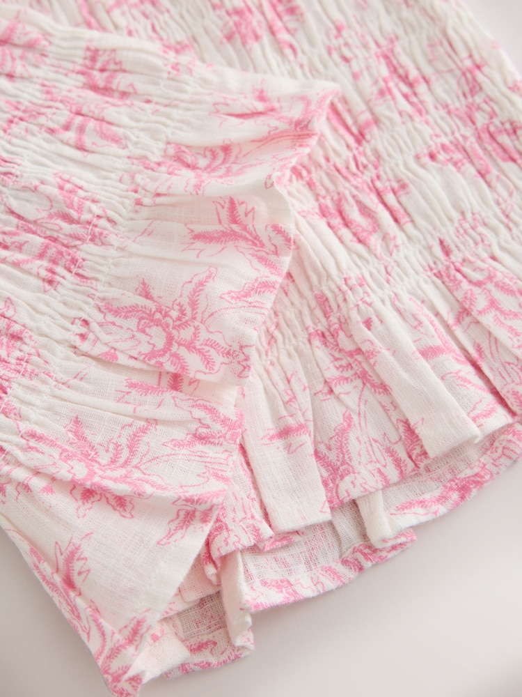Pink/White Floral Print Flutter Sleeve Button Front Smocked Top - Image 2 of 3