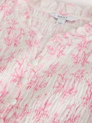 Pink/White Floral Print Flutter Sleeve Button Front Smocked Top - Image 3 of 3
