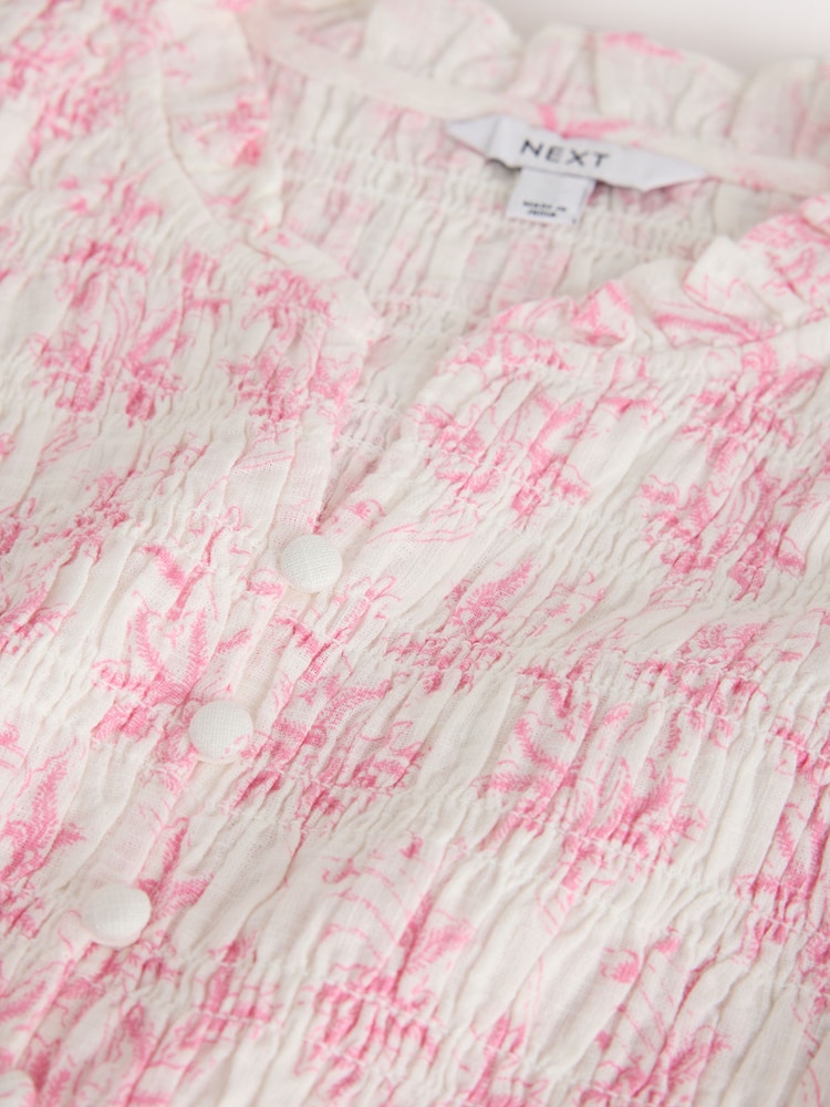 Pink/White Floral Print Flutter Sleeve Button Front Smocked Top - Image 3 of 3