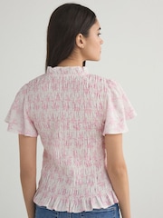 Pink/White Floral Print Flutter Sleeve Button Front Smocked Top - Image 4 of 8