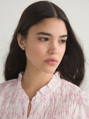 Pink/White Floral Print Flutter Sleeve Button Front Smocked Top - Image 5 of 8