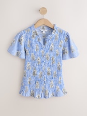 Blue Floral Stripe Flutter Sleeve Button Front Smocked Top - Image 1 of 3