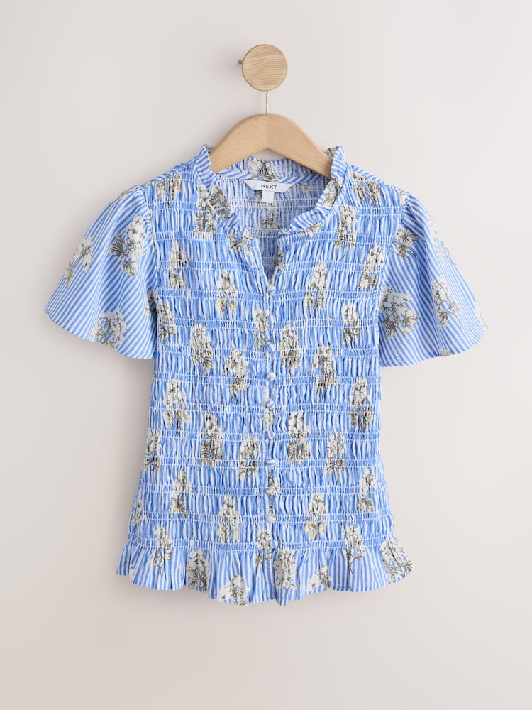 Blue Floral Stripe Flutter Sleeve Button Front Smocked Top - Image 1 of 3