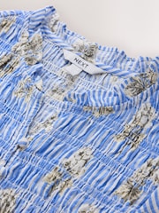 Blue Floral Stripe Flutter Sleeve Button Front Smocked Top - Image 2 of 3