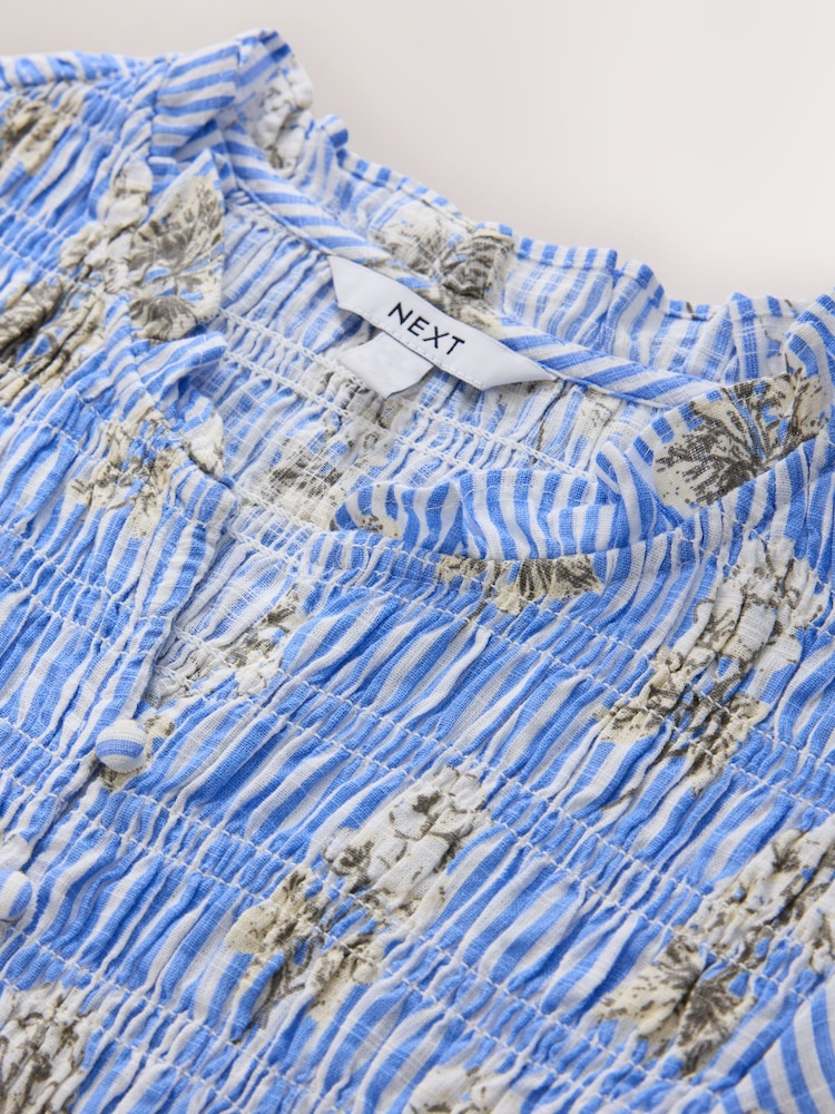 Blue Floral Stripe Flutter Sleeve Button Front Smocked Top - Image 2 of 3