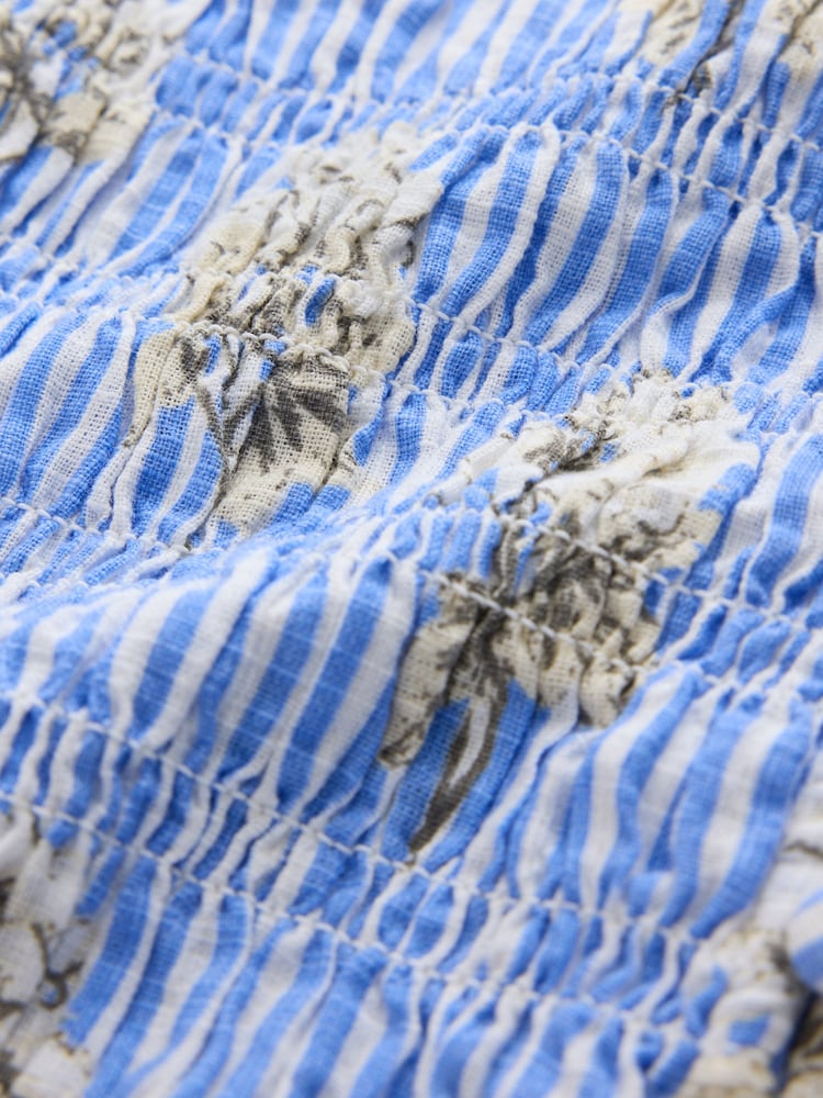 Blue Floral Stripe Flutter Sleeve Button Front Smocked Top - Image 3 of 3