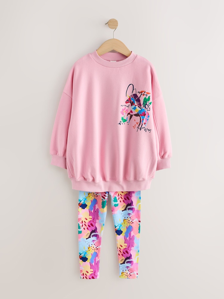 Pink Floral Unicorn Sweatshirt and Leggings Set (3-16yrs) - Image 1 of 5