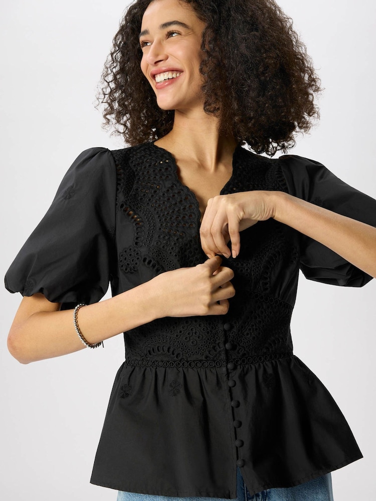 Whistles Black Cotton Broderie V-Neck Blouse - Image 1 of 5