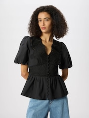 Whistles Black Cotton Broderie V-Neck Blouse - Image 3 of 5