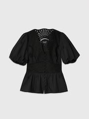 Whistles Black Cotton Broderie V-Neck Blouse - Image 5 of 5