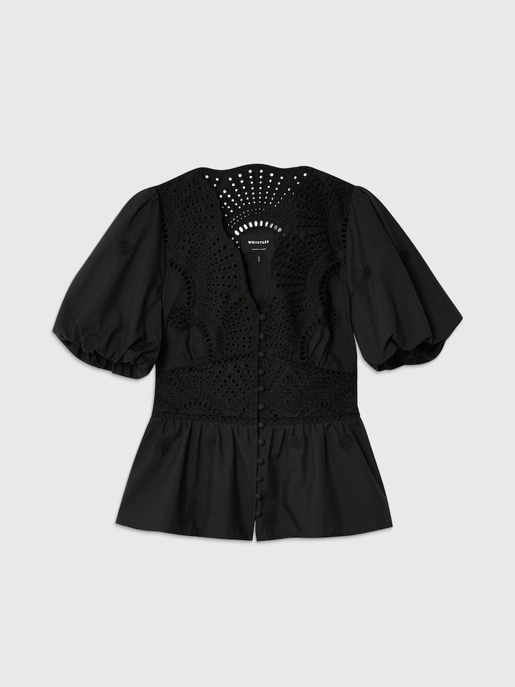 Whistles Black Cotton Broderie V-Neck Blouse - Image 5 of 5