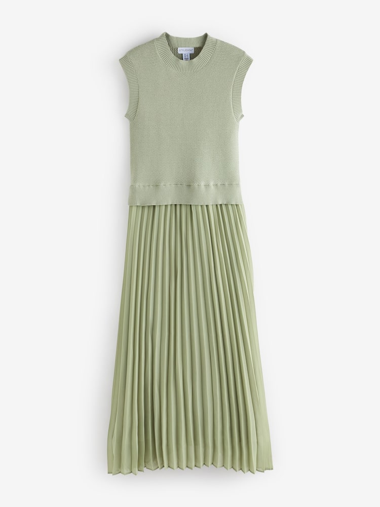 Style Cheat Green Knitted Bodice Pleated Skirt Dress - Image 5 of 5 Style Cheat Green Knitted Bodice Pleated Skirt Dress - Image 5 of 5