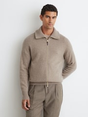 Reiss Taupe Melange Pendant 100% Cashmere Zip-Through Cardigan - Image 1 of 7