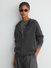 Reiss Charcoal Grey Evie Wool-Blend Zip-Through Hoodie with Cashmere - Image 1 of 7