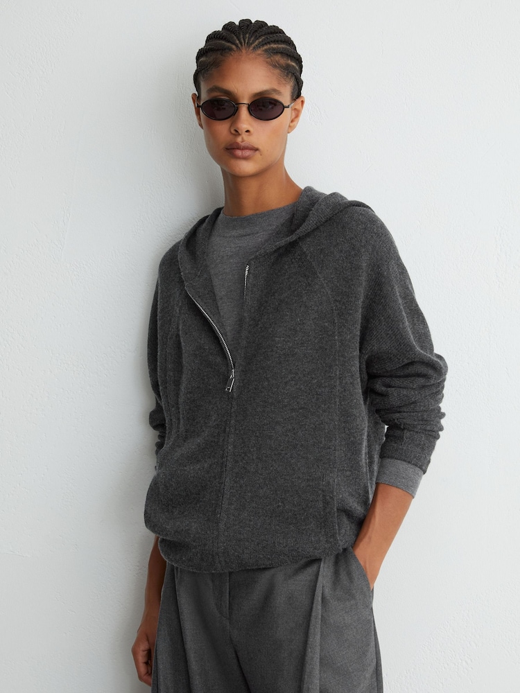 Reiss Charcoal Grey Evie Wool-Blend Zip-Through Hoodie with Cashmere - Image 1 of 7 Reiss Charcoal Grey Evie Wool-Blend Zip-Through Hoodie with Cashmere - Image 1 of 7